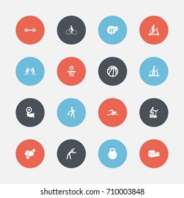 Set Of 16 Editable Exercise Icons. Includes Symbols Such As Gauntlet, Training Bicycle, Jogging And More. Can Be Used For Web, Mobile, UI And Infographic Design.