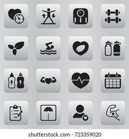 Set Of 16 Editable Exercise Icons. Includes Symbols Such As Date Plan, Strong Love, Heartbeat And More. Can Be Used For Web, Mobile, UI And Infographic Design.