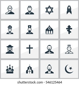 Set Of 16 Editable Faith Icons. Includes Symbols Such As Hebrew, Cardinal, Christian And More. Can Be Used For Web, Mobile, UI And Infographic Design.