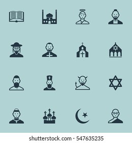 Set Of 16 Editable Faith Icons. Includes Symbols Such As Chaplain, Temple, Church And More. Can Be Used For Web, Mobile, UI And Infographic Design.