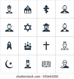 Set Of 16 Editable Faith Icons. Includes Symbols Such As Gospel, Pope, Temple And More. Can Be Used For Web, Mobile, UI And Infographic Design.