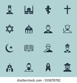 Set Of 16 Editable Faith Icons. Includes Symbols Such As Friar, Blessing, Muslim And More. Can Be Used For Web, Mobile, UI And Infographic Design.