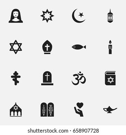 Set Of 16 Editable Faith Icons. Includes Symbols Such As Asterisk, Minaret, Diwali And More. Can Be Used For Web, Mobile, UI And Infographic Design.