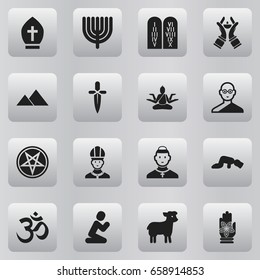 Set Of 16 Editable Faith Icons. Includes Symbols Such As Candlestick, Cardinal, Sajdah. Can Be Used For Web, Mobile, UI And Infographic Design.