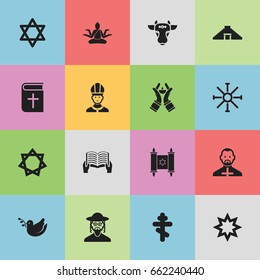 Set Of 16 Editable Faith Icons. Includes Symbols Such As Asterisk, Reading, Hebrew And More. Can Be Used For Web, Mobile, UI And Infographic Design.