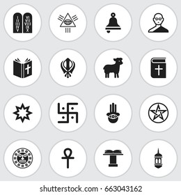 Set Of 16 Editable Faith Icons. Includes Symbols Such As Eye On Hand , Tribal Mask, Religious Sign. Can Be Used For Web, Mobile, UI And Infographic Design.