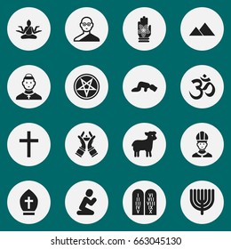 Set Of 16 Editable Faith Icons. Includes Symbols Such As Friar, Candlestick, Giza. Can Be Used For Web, Mobile, UI And Infographic Design.