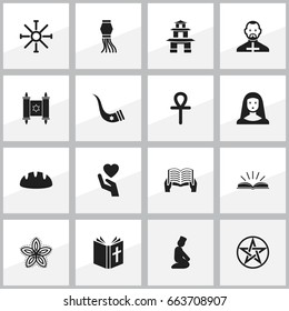 Set Of 16 Editable Faith Icons. Includes Symbols Such As Egyptian Cross, Save Love, Tusk And More. Can Be Used For Web, Mobile, UI And Infographic Design.