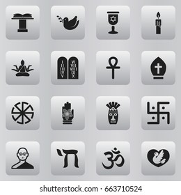 Set Of 16 Editable Faith Icons. Includes Symbols Such As Egyptian Cross, Buddha, Wineglass And More. Can Be Used For Web, Mobile, UI And Infographic Design.