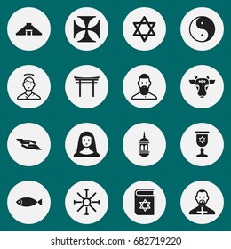Set Of 16 Editable Faith Icons. Includes Symbols Such As Pyramid, Shinto, Minaret And More. Can Be Used For Web, Mobile, UI And Infographic Design.