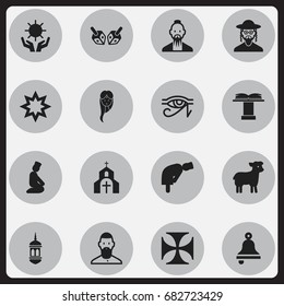 Set Of 16 Editable Faith Icons. Includes Symbols Such As Female, Enchanter Stick, Egypt God And More. Can Be Used For Web, Mobile, UI And Infographic Design.
