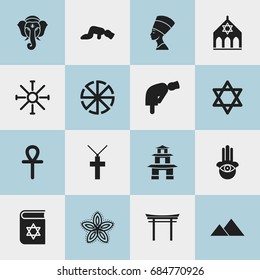 Set Of 16 Editable Faith Icons. Includes Symbols Such As Temple, Sajdah, Bible And More. Can Be Used For Web, Mobile, UI And Infographic Design.