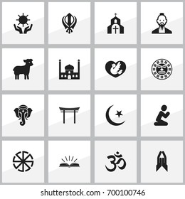 Set Of 16 Editable Faith Icons. Includes Symbols Such As Clergyman, Indian Elephant, Chapel And More. Can Be Used For Web, Mobile, UI And Infographic Design.