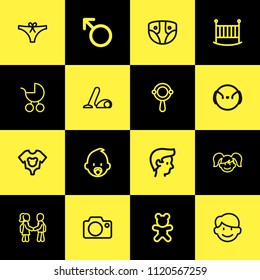 Set of 16 editable family icons line style. Includes symbols such as camera, teddy bear, guy and more. Can be used for web, mobile, UI and infographic design.