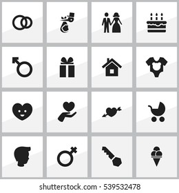 Set Of 16 Editable Family Icons. Includes Symbols Such As Lock, Bodysuit, Patisserie And More. Can Be Used For Web, Mobile, UI And Infographic Design.