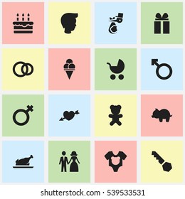 Set Of 16 Editable Family Icons. Includes Symbols Such As Love, Child, Patisserie And More. Can Be Used For Web, Mobile, UI And Infographic Design.