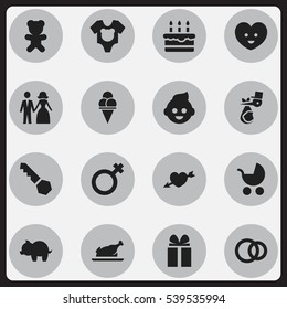 Set Of 16 Editable Family Icons. Includes Symbols Such As Cold Dessert, Moneybox, Patisserie And More. Can Be Used For Web, Mobile, UI And Infographic Design.