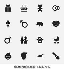 Set Of 16 Editable Family Icons. Includes Symbols Such As Hoop, Home, Moneybox And More. Can Be Used For Web, Mobile, UI And Infographic Design.
