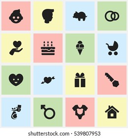 Set Of 16 Editable Family Icons. Includes Symbols Such As Child, Bodysuit, Heart And More. Can Be Used For Web, Mobile, UI And Infographic Design.