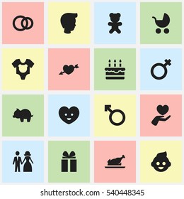 Set Of 16 Editable Family Icons. Includes Symbols Such As Love, Moneybox, Heart And More. Can Be Used For Web, Mobile, UI And Infographic Design.