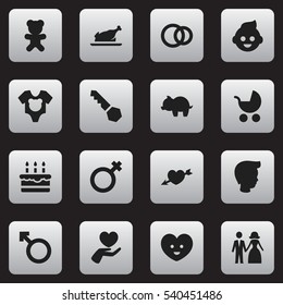 Set Of 16 Editable Family Icons. Includes Symbols Such As Perambulator, Love, Toy And More. Can Be Used For Web, Mobile, UI And Infographic Design.