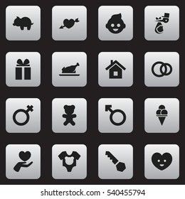 Set Of 16 Editable Family Icons. Includes Symbols Such As Cold Dessert, Toy, Moneybox And More. Can Be Used For Web, Mobile, UI And Infographic Design.