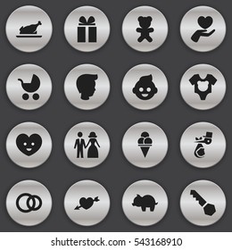 Set Of 16 Editable Family Icons. Includes Symbols Such As Toy, Hoop, Perambulator And More. Can Be Used For Web, Mobile, UI And Infographic Design.