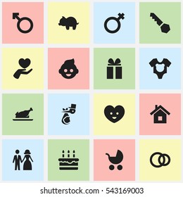 Set Of 16 Editable Family Icons. Includes Symbols Such As Lock, Woman Sign, Moneybox And More. Can Be Used For Web, Mobile, UI And Infographic Design.