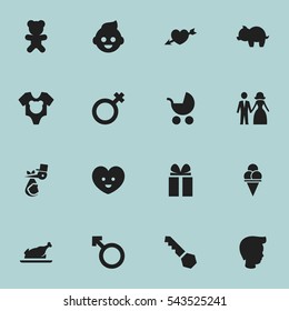 Set Of 16 Editable Family Icons. Includes Symbols Such As Married, Cold Dessert, Toy And More. Can Be Used For Web, Mobile, UI And Infographic Design.