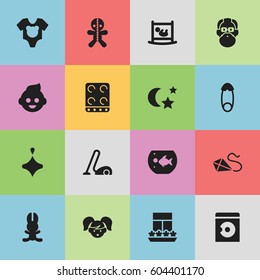 Set Of 16 Editable Family Icons. Includes Symbols Such As Grandfather, Midnight, Balcony. Can Be Used For Web, Mobile, UI And Infographic Design.