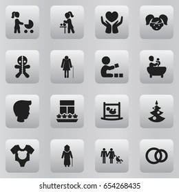 Set Of 16 Editable Family Icons. Includes Symbols Such As Save Love, Old Woman, Mother With Baby And More. Can Be Used For Web, Mobile, UI And Infographic Design.