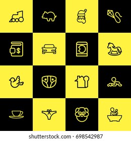 Set Of 16 Editable Family Outline Icons. Includes Symbols Such As Locomotive, Cup, Key And More. Can Be Used For Web, Mobile, UI And Infographic Design.