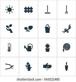 Set Of 16 Editable Farm Icons. Includes Symbols Such As Vacuum Cleaner, Hay Fork, Plant Cutter And More. Can Be Used For Web, Mobile, UI And Infographic Design.