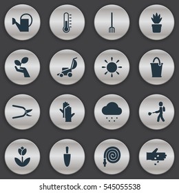 Set Of 16 Editable Farm Icons. Includes Symbols Such As Vacuum Cleaner, Hosepipe, Plant Protection And More. Can Be Used For Web, Mobile, UI And Infographic Design.