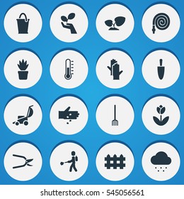 Set Of 16 Editable Farm Icons. Includes Symbols Such As Hay Fork, Beauty Flower, Bucket And More. Can Be Used For Web, Mobile, UI And Infographic Design.
