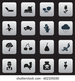 Set Of 16 Editable Farm Icons. Includes Symbols Such As Clasp Knife, Van, Soil Plant And More. Can Be Used For Web, Mobile, UI And Infographic Design.
