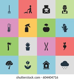 Set Of 16 Editable Farm Icons. Includes Symbols Such As Farmer, Working Gloves, Garden Scissors And More. Can Be Used For Web, Mobile, UI And Infographic Design.
