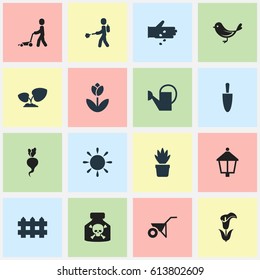 Set Of 16 Editable Farm Icons. Includes Symbols Such As Lily, Wooden Barrier, Beauty Flower And More. Can Be Used For Web, Mobile, UI And Infographic Design.