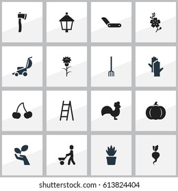 Set Of 16 Editable Farm Icons. Includes Symbols Such As Working Gloves, Man With Trolley, Pot Bush And More. Can Be Used For Web, Mobile, UI And Infographic Design.