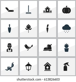 Set Of 16 Editable Farm Icons. Includes Symbols Such As Home With Fence, Shovel, Tulip And More. Can Be Used For Web, Mobile, UI And Infographic Design.
