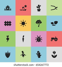 Set Of 16 Editable Farm Icons. Includes Symbols Such As Agrimotor, Strawberry, Plant Cutter And More. Can Be Used For Web, Mobile, UI And Infographic Design.