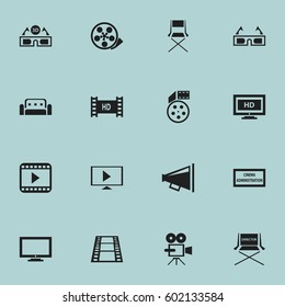 Set Of 16 Editable Filming Icons. Includes Symbols Such As Movie Player, Couch, Film Glasses And More. Can Be Used For Web, Mobile, UI And Infographic Design.