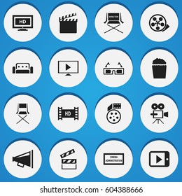 Set Of 16 Editable Filming Icons. Includes Symbols Such As Loudspeaker, 3D Vision, Theater Agency And More. Can Be Used For Web, Mobile, UI And Infographic Design.