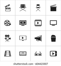 Set Of 16 Editable Filming Icons. Includes Symbols Such As Cinema Snack, Hd Screen, Theater Agency And More. Can Be Used For Web, Mobile, UI And Infographic Design.