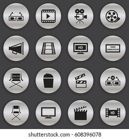 Set Of 16 Editable Filming Icons. Includes Symbols Such As Shooting Seat, Clapper, Loudspeaker And More. Can Be Used For Web, Mobile, UI And Infographic Design.