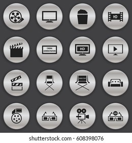 Set Of 16 Editable Filming Icons. Includes Symbols Such As Theater Agency, Shooting Seat, Couch And More. Can Be Used For Web, Mobile, UI And Infographic Design.