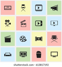 Set Of 16 Editable Filming Icons. Includes Symbols Such As Theater Agency, Shooting Seat, Couch And More. Can Be Used For Web, Mobile, UI And Infographic Design.