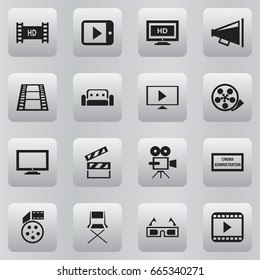 Set Of 16 Editable Filming Icons. Includes Symbols Such As Monitor, Theater Agency, Tablet Play And More. Can Be Used For Web, Mobile, UI And Infographic Design.