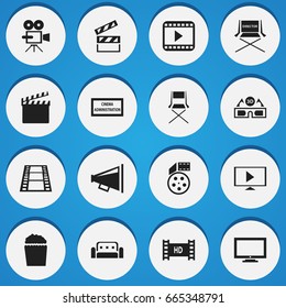 Set Of 16 Editable Filming Icons. Includes Symbols Such As Movie Player, Hd Tape, Loudspeaker And More. Can Be Used For Web, Mobile, UI And Infographic Design.