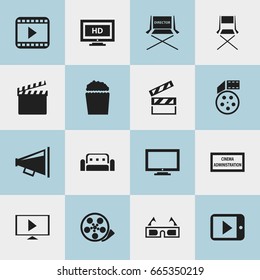 Set Of 16 Editable Filming Icons. Includes Symbols Such As Movie Player, Couch, Hd Screen And More. Can Be Used For Web, Mobile, UI And Infographic Design.